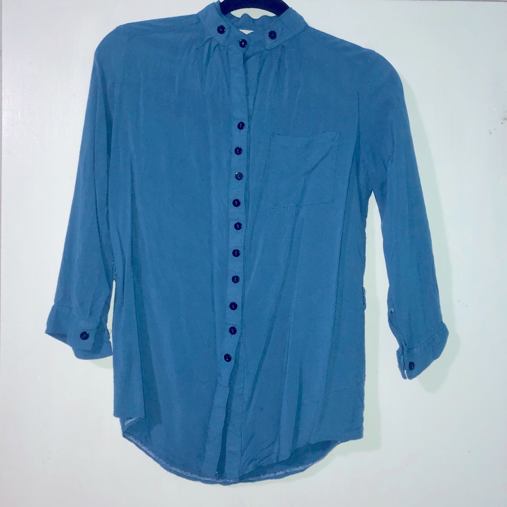 Choker mandarin collar cerulean blue button down shirt